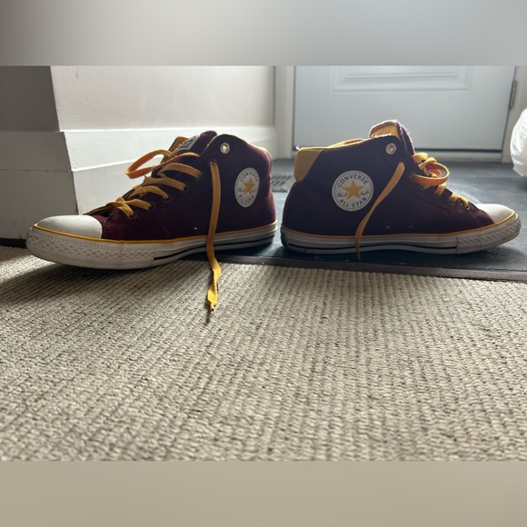 Maroon and yellow suede converse high tops - Picture 2 of 5